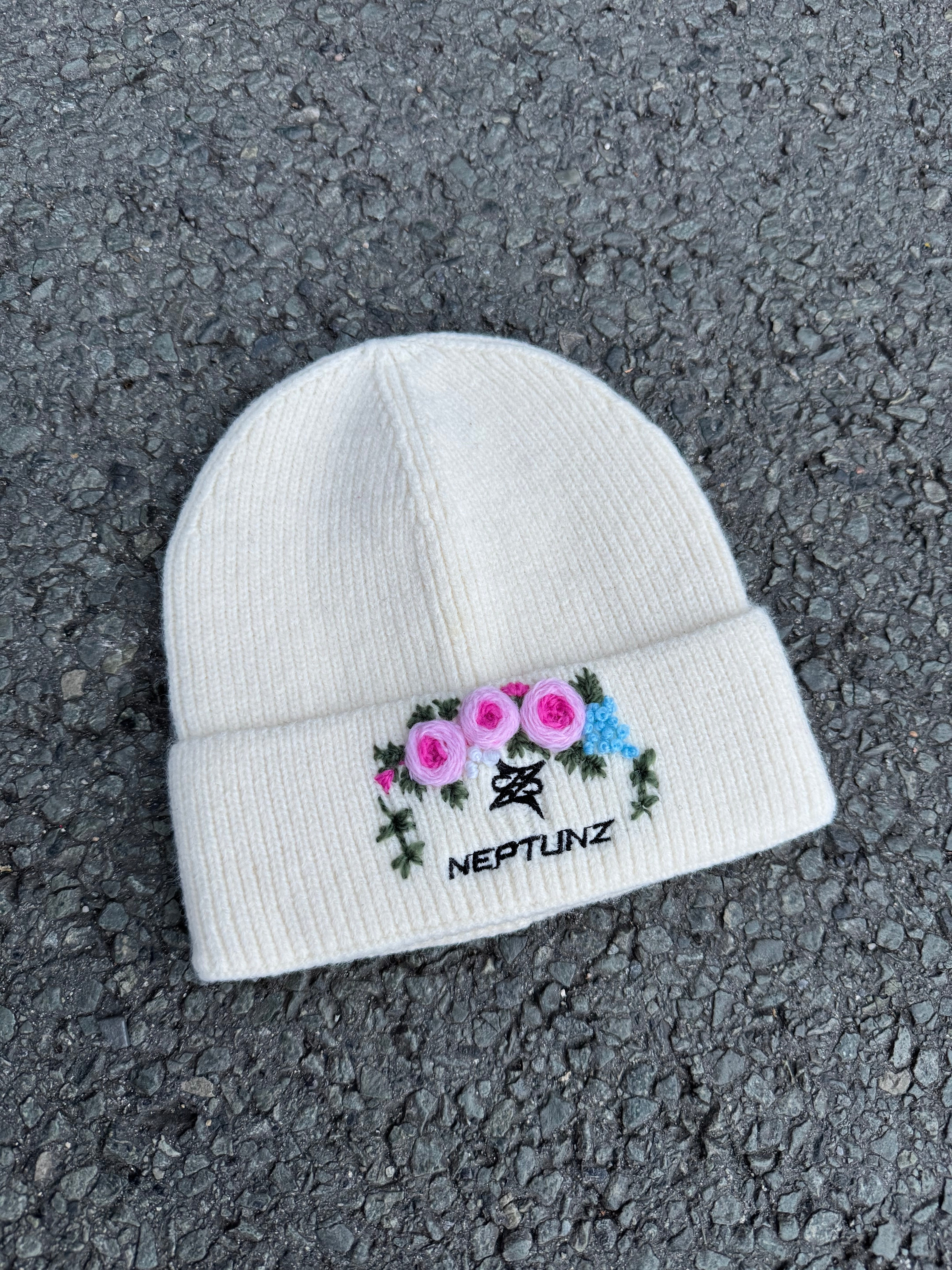 Floral Beanie Blanc